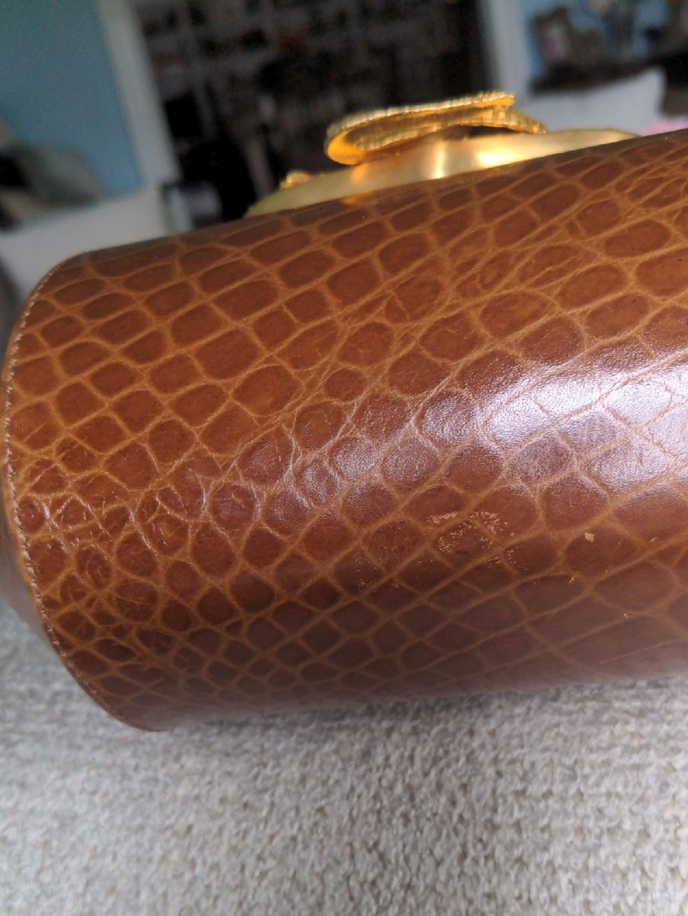 Vintage Faux  Crocodile Crossbody Bag,,  Structured, Heavy Brass Crocodile, - Picture 5 of 14